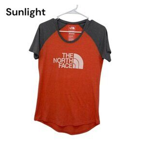 The North Face Womens Orange & Gray Raglan Short Sleeve Logo T-Shirt SZ Small